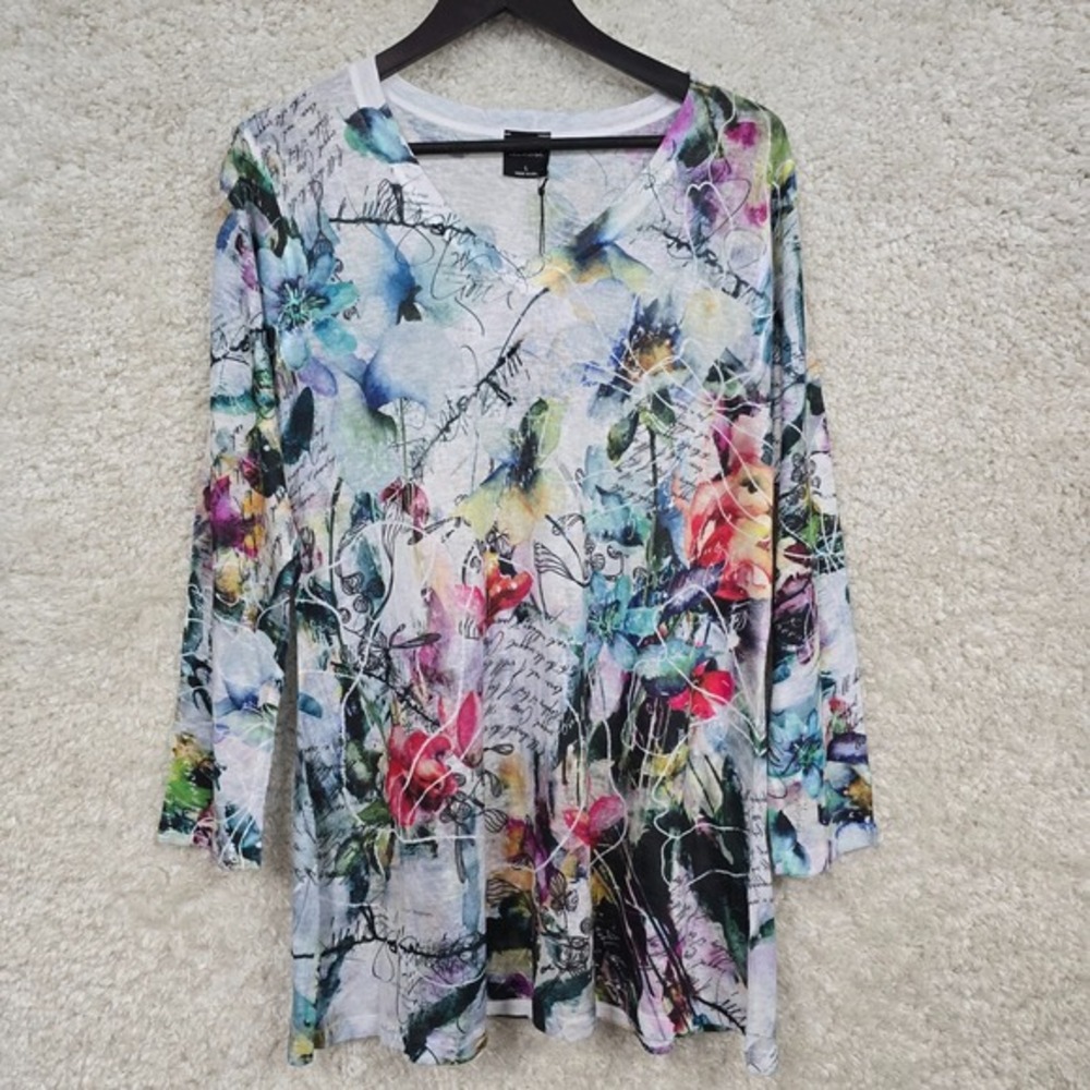 Inoah Floral Script Tunic Women Large‎ Multi Color V-Neck Art to Wear Lagenlook